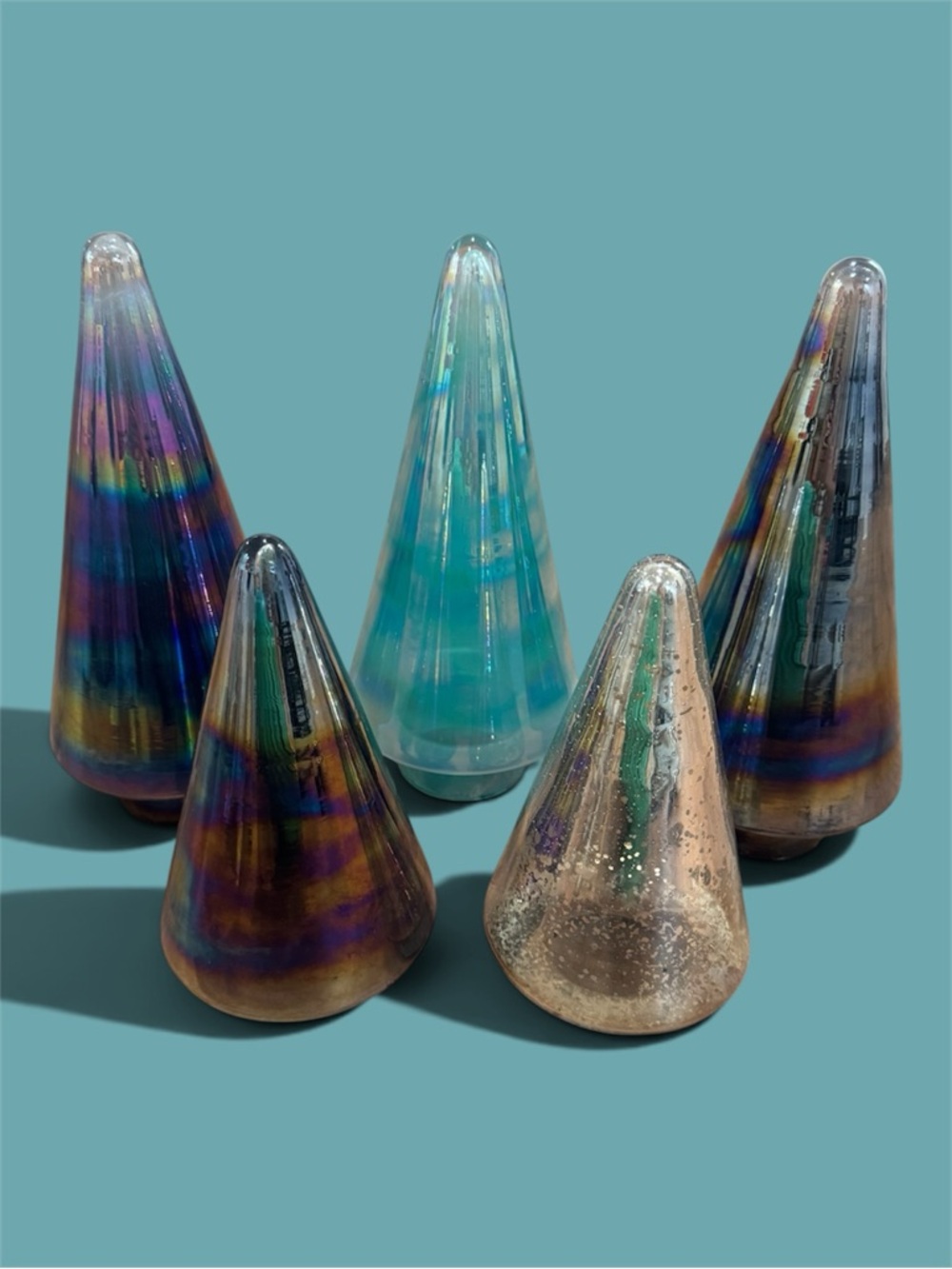 Lot of 5 Threshold Handmade Iridescent Oil-slick Glass Cone Trees